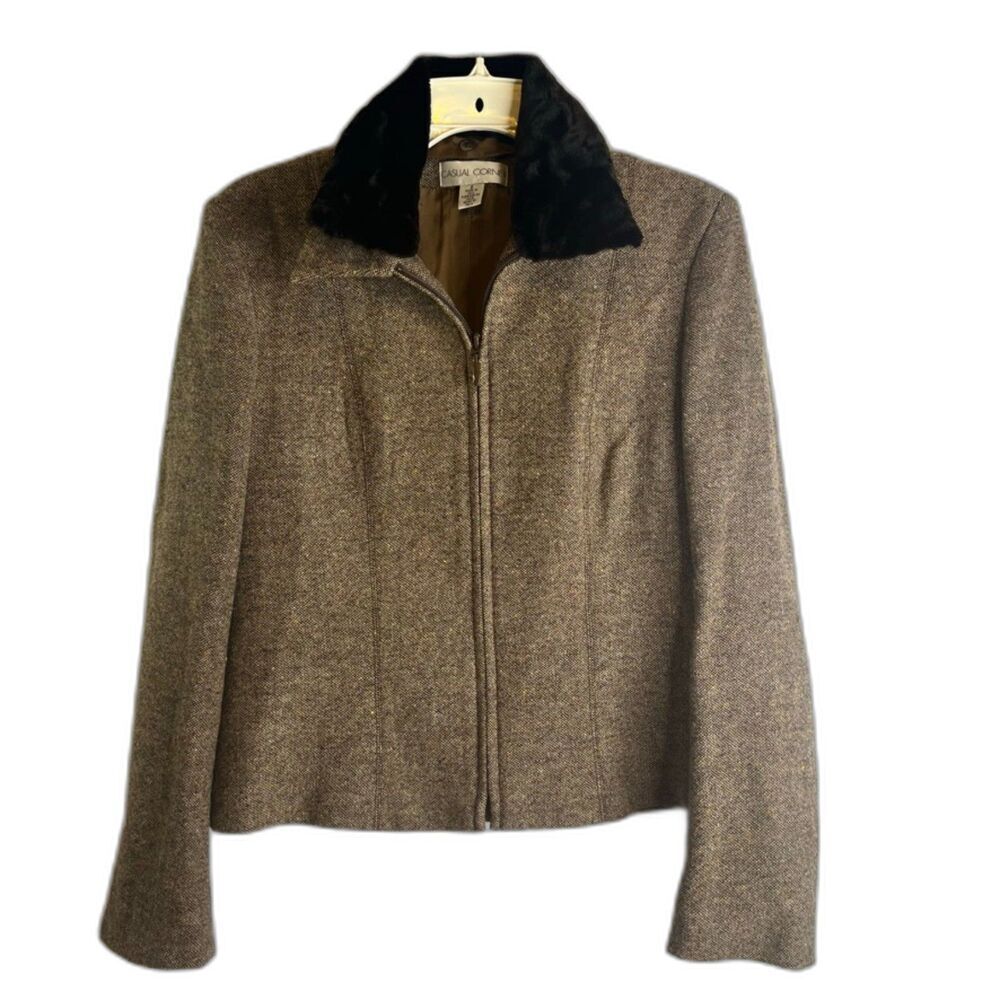 Casual Corner Vintage Removable Faux Fur Collar Wool Tweed Full Zip Jacket Sz 8